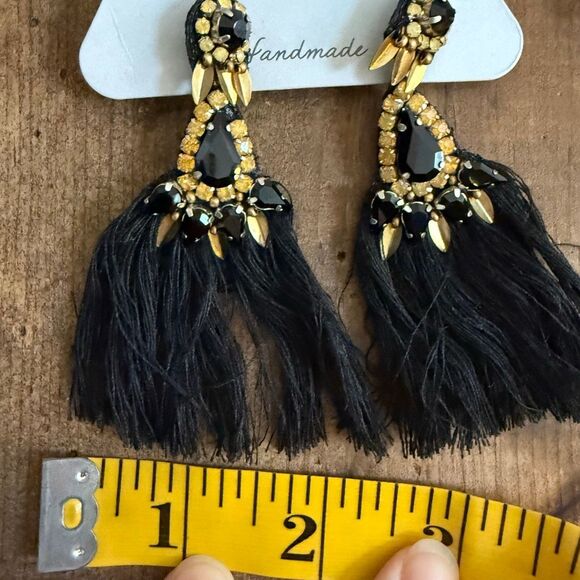 NWT Deepa Gurnani Black Gold Tassel Dangle Statement Earrings - Picture 6 of 7